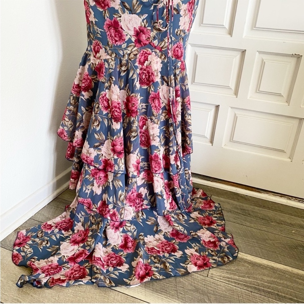 Long Maxi Mermaid Style Dress Blue Pink Floral Corset Lace Up Ruffles - Picture 10 of 15